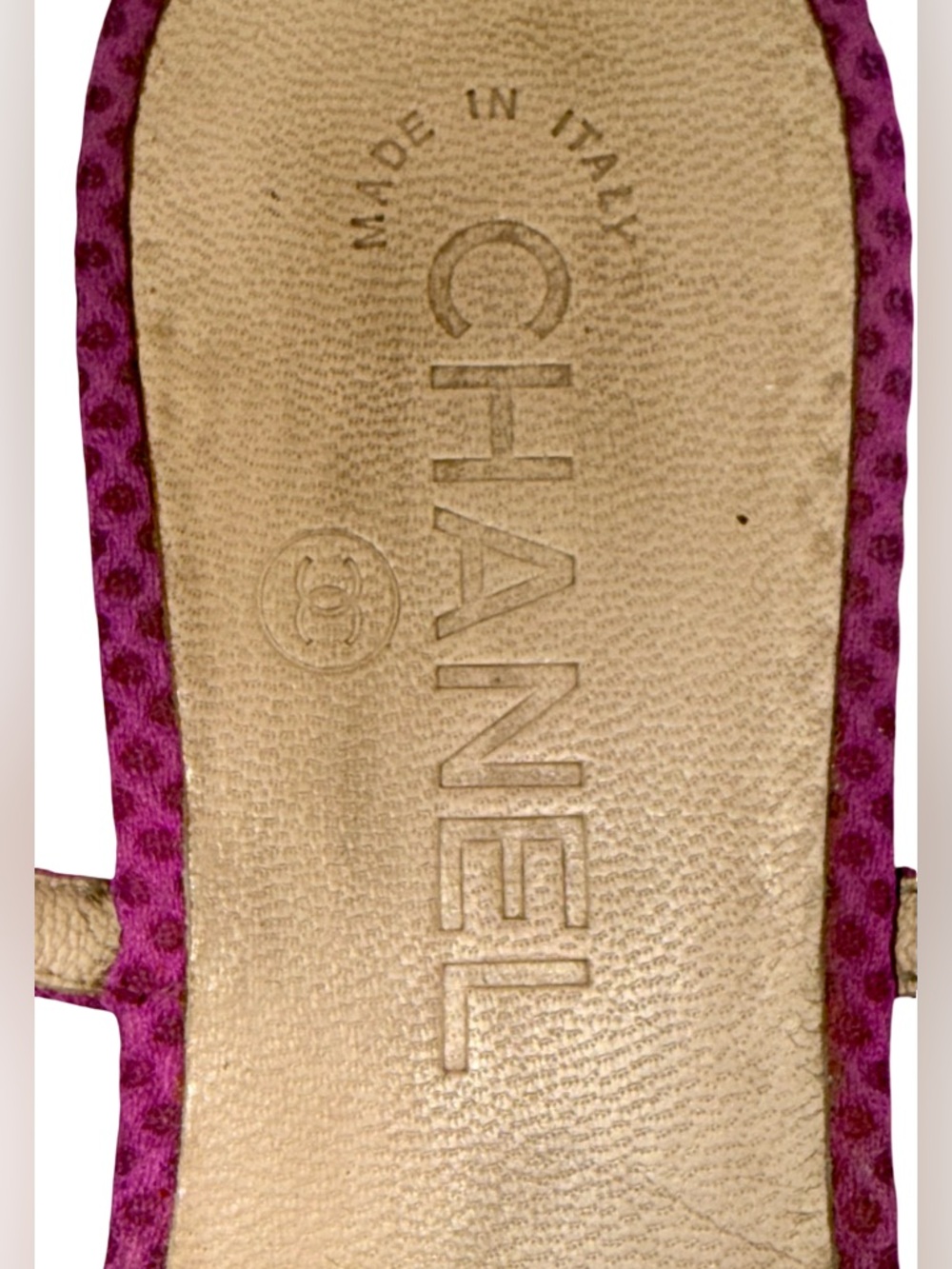CHANEL FUCHSIA T-STRAP SANDALS WITH  WHITE CC LOGO MEDALLION - Picture 8 of 10